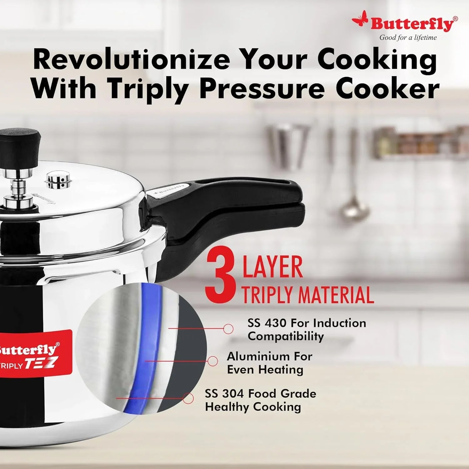 Showcasing the 3 layer triply material in the tez triply pressure cooker.